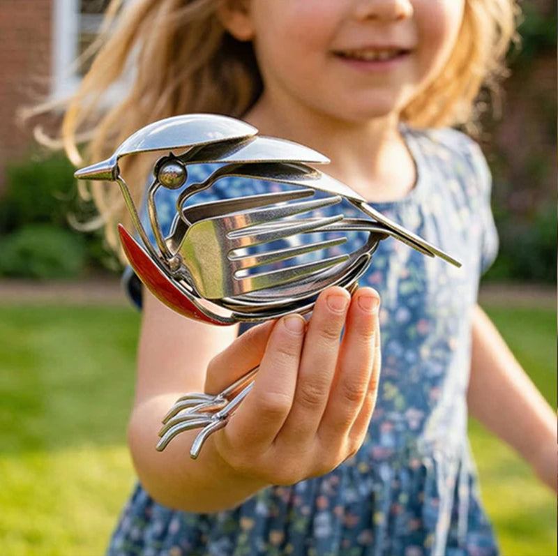Recycled Spoon & Fork Mockingbird Art - Handmade Stainless Steel Bird Sculpture for Home & Office Decor