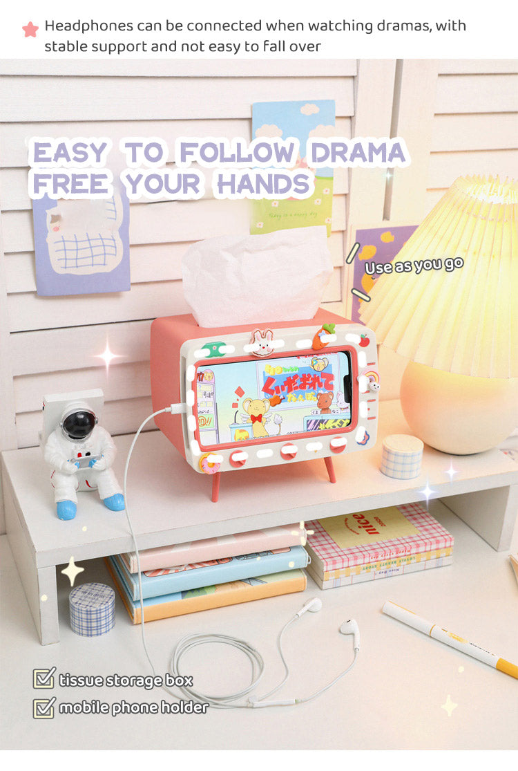 Cute Multifunction Tissue Box Holder Square for Home Kawaii Desktop Decor Tv Tissue Box Case Pink Phone Holder Storage Organizer