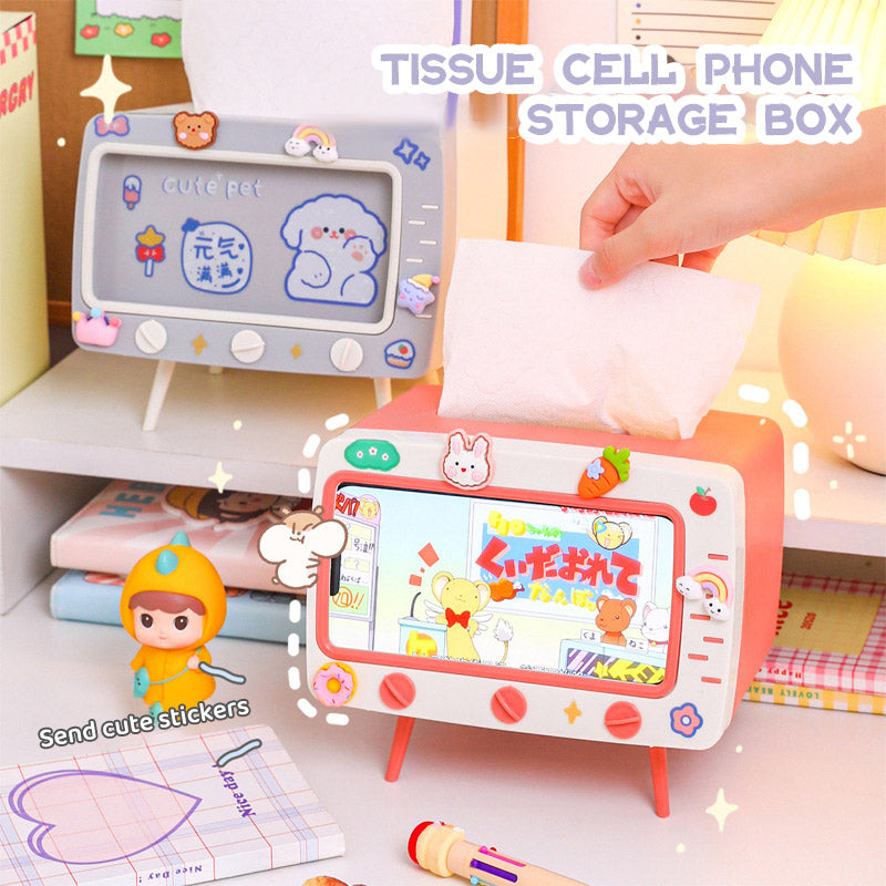 Cute Multifunction Tissue Box Holder Square for Home Kawaii Desktop Decor Tv Tissue Box Case Pink Phone Holder Storage Organizer