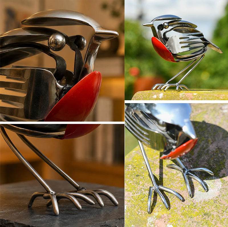 Recycled Spoon & Fork Mockingbird Art - Handmade Stainless Steel Bird Sculpture for Home & Office Decor