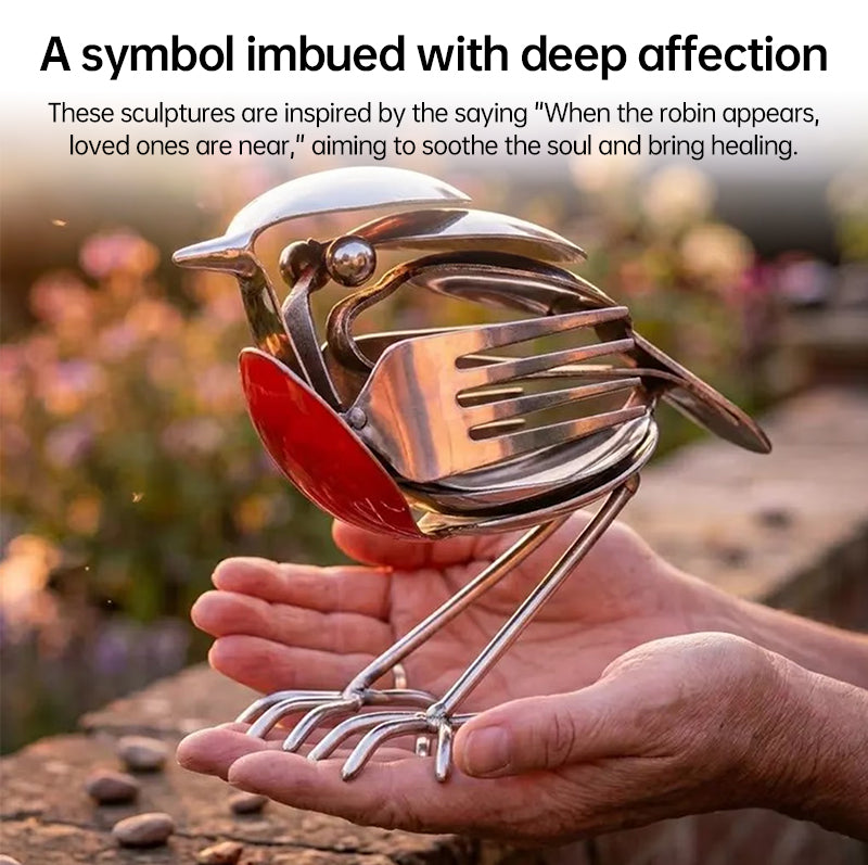 Recycled Spoon & Fork Mockingbird Art - Handmade Stainless Steel Bird Sculpture for Home & Office Decor